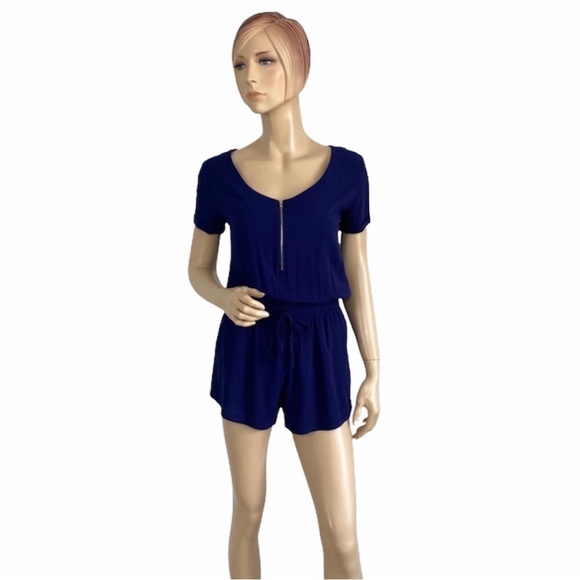 Lulus Women's Kudos Navy Short Sleeve Zip-Front Romper XS - Picture 2 of 10